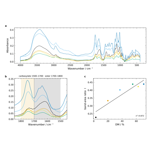 Specificity composite: the full spectra, the carbonyl window with both integration windows on one shared baseline, and the band-area ratio it yields against DM